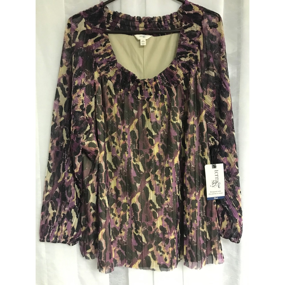 Terra & Sky‎ Womens Plus 2X Purple Leopard Print Pleated Mesh Smocked Blouse
